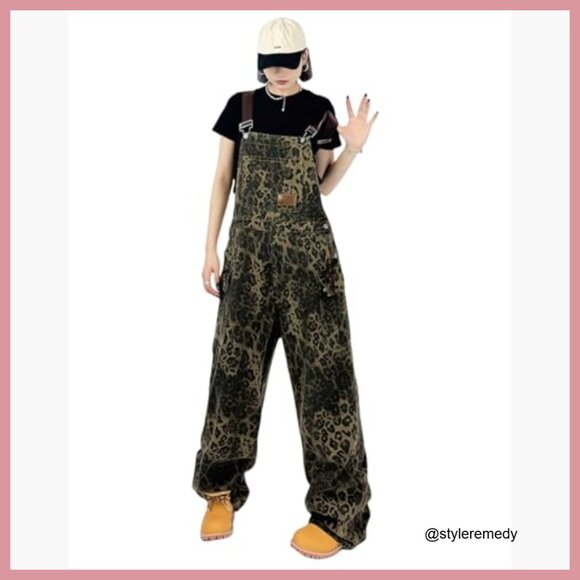 Leopard Print Denim Overalls, Loose Fit Wide Leg Jumpsuit - Picture 2 of 7